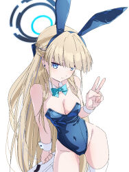  animal_ears bare_shoulders blonde_hair blue_archive blue_bow blue_bowtie blue_halo blue_leotard blunt_bangs bow bowtie breasts cleavage commentary_request detached_collar fake_animal_ears female halo hand_up highleg highleg_leotard highres holding holding_suitcase kame_0_0_kame large_breasts leotard long_hair rabbit_ears simple_background solo standing strapless strapless_leotard suitcase thighhighs thighs toki_(blue_archive) toki_(bunny)_(blue_archive) upper_body v white_background white_thighhighs white_wrist_cuffs wrist_cuffs 