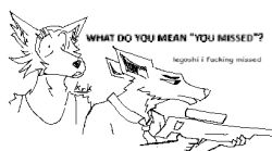  angry anthro arkdoggo beastars canid canine canis clothed clothing deer dialogue digital_media_(artwork) duo duo_focus ear_scar ear_tuft eye_scar facial_scar group gun holding_object holding_weapon legoshi_(beastars) louis_(beastars) low_res male mammal microsoft_paint_(artwork) necktie politics profanity ranged_weapon rifle rifle_scope scar scope shirt shocked simple_background sniper_rifle suit tank_top topwear tuft weapon white_background wolf 