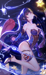  artist_name bare_shoulders black_hair blue_eyes blush breasts cleavage collarbone commentary_request detached_sleeves female genshin_impact gloves gold_trim hair_between_eyes hat high_heels highleg highleg_leotard highres jewelry leotard lightria long_hair long_sleeves looking_up medium_breasts mona_(genshin_impact) solo star_(symbol) stellated_octahedron strapless strapless_leotard thighlet thighs twintails unworn_hat unworn_headwear very_long_hair watermark witch_hat 