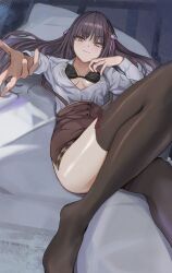  absurdres black_bra black_hair black_thighhighs blush bra breasts breasts_apart brown_eyes brown_skirt cafe_stella_to_shinigami_no_chou closed_mouth collared_shirt commentary convenient_leg dutch_angle female foot_out_of_frame foreshortening hair_between_eyes hair_ornament hair_ribbon hair_spread_out hairclip hand_up high-waist_skirt highres indoors knee_up long_hair long_sleeves looking_at_viewer lying medium_breasts no_shoes on_back on_bed open_clothes open_shirt outstretched_arm partially_unbuttoned pink_ribbon reaching reaching_towards_viewer ribbon shiki_natsume shirt skirt smile solo strap_slip suspender_skirt suspenders thighhighs thighs tsurime underwear west_gon white_shirt 