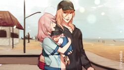  1boy 2girls alternate_universe aqua_eyeshadow aqua_nails baby bag beach bikini bikini_top_only black_eyeshadow black_hat black_hoodie black_lips blonde_hair closed_eyes couple eyeshadow family father_and_daughter from_side hair_between_eyes hat hiomaika holding_baby hood hoodie ia_(vocaloid) looking_ahead looking_at_another maika_(vocaloid) makeup medium_hair mother_and_daughter multiple_girls nail_polish open_mouth overalls pink_eyes pink_hair red_eyes see-through see-through_shirt shirt straight striped_clothes striped_headwear swimsuit twitter_username vocaloid yohioloid 