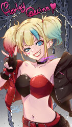  belt black_choker black_gloves black_shorts black_tube_top blonde_hair blue_eyes blue_eyeshadow blue_hair bracelet breasts chains choker cleavage clip_studio_paint_(medium) commentary_request eyeshadow facial_mark female fingerless_gloves gloves gradient_hair harley_quinn heart heart_facial_mark highres hiragana_sherry jewelry looking_at_viewer makeup mismatched_eyeshadow multicolored_hair navel red_belt red_eyeshadow red_hair red_lips red_shorts red_tube_top shorts small_breasts solo spiked_bracelet spikes strapless suicide_squad_isekai teeth tube_top twintails two-tone_shorts two-tone_tube_top zipper_top 