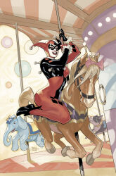  absurdres asymmetrical_gloves batman_(series) black_bodysuit black_footwear black_gloves black_hat black_mask blue_eyes bodysuit boots breasts carousel colored_skin dc_comics domino_mask elephant female gloves harlequin harley_quinn harley_quinn_(classic) hat highres horse looking_at_viewer mask medium_breasts open_mouth pig red_bodysuit red_gloves red_hat red_lips signature solo teeth terry_dodson two-tone_bodysuit two-tone_hat white_skin 