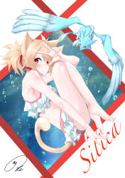  1other absurdres alternate_costume animal_ears bare_shoulders barefoot bikini blonde_hair blush breasts cat_ears cat_girl cat_tail character_name closed_mouth commentary_request female frilled_bikini frills full_body hair_ribbon hand_up highres knees_up looking_at_viewer maximum7010 pina_(sao) red_eyes red_ribbon ribbon short_hair short_twintails signature silica silica_(sao-alo) small_breasts smile swimsuit sword_art_online tail twintails underwater w white_bikini 