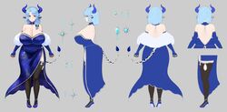  animal_ears arms_at_sides asymmetrical_bangs backless_dress backless_outfit bare_shoulders blue_dress blue_eyes blue_hair blue_pupils breasts bright_pupils choker cleavage collarbone commentary cow_ears cow_girl cow_horns cow_tail cream_cod dress english_commentary facing_to_the_side facing_viewer feather_boa female grey_background hair_ribbon high_heels highres horns huge_breasts indie_virtual_youtuber jewelry light_blue_hair medium_hair miilkywayz multiple_views official_art parted_bangs reference_sheet ribbon side_slit simple_background standing star-shaped_pupils star_(symbol) symbol-shaped_pupils tail thighhighs virtual_youtuber wide_hips 