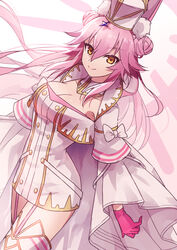  animal_ear_fluff animal_ears armpit_peek arms_at_sides boots bow breasts buttons cleavage closed_mouth coat commentary cowboy_shot detached_collar double_bun dress fate/grand_order fate_(series) female garter_straps gloves gold_trim hair_between_eyes hair_bun halo hat koyanskaya_(assassin)_(third_ascension)_(fate) koyanskaya_(fate) large_breasts long_hair long_sleeves looking_at_viewer open_clothes open_coat pink_garter_straps pink_gloves pink_hair rabbit_ears saeki_saiki short_dress smile solo tamamo_(fate) thigh_boots white_bow white_coat white_dress white_footwear white_hat wide_sleeves yellow_eyes 