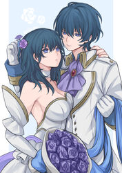  1boy absurdres bangs banned_artist blue_eyes blue_hair bouquet breasts bride bride_(fire_emblem) byleth_(fire_emblem) byleth_(fire_emblem)_(female) byleth_(fire_emblem)_(male) choker cleavage dress elbow_gloves female fire_emblem fire_emblem:_three_houses flower gloves hair_between_eyes hair_flower hair_ornament highres jacket large_breasts long_hair looking_at_another purple_flower purple_rose rose shimizu_akina short_hair strapless strapless_dress upper_body wedding_dress white_choker white_dress white_gloves white_jacket 