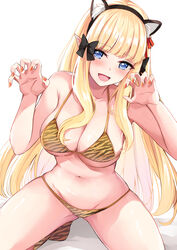  animal_ears animal_print bare_shoulders bikini black_bow blonde_hair blue_eyes blunt_bangs blush bow breasts cat_ears claw_pose cleavage collarbone elf fake_animal_ears female hairband hairbow highres konka large_breasts long_hair looking_at_viewer nail_polish navel open_mouth pointy_ears princess_connect! saren_(princess_connect!) sidelocks smile solo squatting swimsuit tiger_print yellow_bikini 