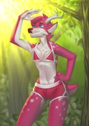  anthro antlers blue_eyes bottomwear cervine clothed clothing crossdressing deer diaminerre femboy horn light male mammal outside park shorts smile solo sport 