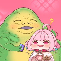  ? ahoge bad_id bad_pixiv_id blue_hair blush breasts character_print chibi collar commentary_request crossover earrings female flying_sweatdrops gift_card hair_intakes hands_up heart holding idolmaster idolmaster_cinderella_girls itunes_card jabba_the_hutt jar-jar_binks jewelry large_breasts motion_lines multicolored_hair nervous_smile oerba_yun_fang off-shoulder_shirt off_shoulder pill_earrings pink_background pink_eyes pink_hair shirt short_hair simple_background single_bare_shoulder smile sparkle_background star_wars t-shirt takato_kurosuke two-tone_hair upper_body yumemi_riamu 