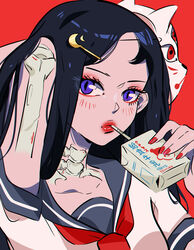  black_hair blush bone drink drinking drinking_straw drinking_straw_in_mouth eyeshadow female fingernails fox_mask hair_ornament hairclip highres lips long_hair makeup mask mask_removed moon_(ornament) nail_polish original purple_eyes red_background red_nails sailor_collar shirt simple_background solo stephanie_priscilla 