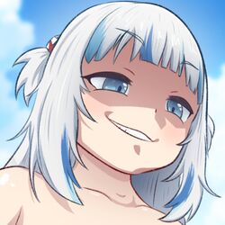  bare_shoulders blue_eyes blue_hair blue_sky blunt_bangs cloud collarbone commentary english_commentary female gawr_gura greatm8 grey_hair grin hair_ornament half-closed_eyes highres hololive hololive_english kono_subarashii_sekai_ni_shukufuku_wo! looking_to_the_side medium_hair megumin multicolored_hair parted_lips photoshop_(medium) portrait shaded_face shark_hair_ornament sky smile solo source_filmmaker_(medium) streaked_hair teeth topless two_side_up virtual_youtuber 