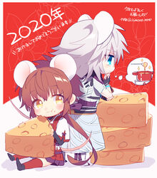  2020 2girls animal_ears blue_eyes brown_hair cheese chibi chinese_zodiac eating food full_body grey_hair himeno345 jin_(xenoblade) lora_(xenoblade) mouse_boy mouse_ears mouse_girl multiple_girls pot sitting thought_bubble xenoblade_chronicles_(series) xenoblade_chronicles_2 xenoblade_chronicles_2:_torna_-_the_golden_country year_of_the_rat yellow_eyes 