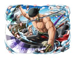  1boy bandana dual_wielding holding holding_sword holding_weapon katana male_focus ocean one_eye_closed one_piece one_piece_treasure_cruise red_sash roronoa_zoro sash scar scar_across_eye scar_on_face short_hair sword topless_male water weapon weapon_in_mouth 