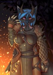  5_fingers armor blue_hair breasts canid canine canis claws clothed clothing costume dark diaminerre female fingers fire hair heterochromia horn jewelry leather leather_armor mammal portrait ring solo sparkles three-quarter_portrait warrior wolf 