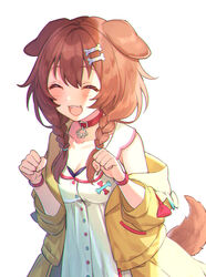  :3 :d ^_^ animal_collar animal_ears ayame_(3103942) blue_bow blush bone_hair_ornament bow bracelet braid breasts brown_hair buttons cartoon_bone chromatic_aberration cleavage closed_eyes collar collarbone dog_ears dog_girl dog_tail dress fangs female hair_between_eyes hair_ornament hairclip highres hololive inugami_korone inugami_korone_(1st_costume) jacket jewelry long_hair low_twin_braids low_twintails medium_breasts off_shoulder open_mouth paw_pose raised_eyebrows red_bow red_collar simple_background smile solo tail twin_braids twintails upper_body virtual_youtuber white_background white_dress wristband yellow_jacket 