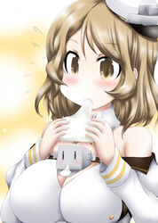  bare_shoulders between_breasts breasts brown_eyes brown_hair cleavage eating female food hat headgear houston_(kancolle) kantai_collection large_breasts long_sleeves military military_uniform mochi ouno_(nounai_disintegration) peaked_cap short_hair solo uniform upper_body white_hat 