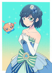  bare_shoulders blue_bow bob_cut bow braid canine cbgb closed_mouth crown_braid delicious_party_precure dress elbow_gloves female flower formal frilled_dress frills fuwa_kokone gloves green_bow hair_flower hair_ornament hairbow medium_dress pam-pam_(precure) precure smile solo_focus sparkle strapless strapless_dress white_gloves 