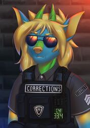  blonde_hair canid canine canis clothing diaminerre digital_media_(artwork) dragon electronics eyewear glasses hair horn hybrid jacket mammal mythological_creature mythological_scalie mythology officer police portrait radio scalie solo topwear wolf 