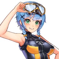  adjusting_goggles armpits bare_shoulders blue_hair blush braid color diving_mask diving_mask_on_head diving_suit female female_focus female_only fringe fringe_hair front_zipper front_zipper_swimsuit game_cg goggles goggles_on_head green_eyes last_origin looking_at_viewer normal_breasts one-piece_swimsuit one_piece_swimsuit ribbon ribbon_in_hair sangobob short_hair smile smiling smiling_at_viewer swimsuit transparent_background triaina_(last_origin) twin_braids x_hair_ornament yellow_ribbon 