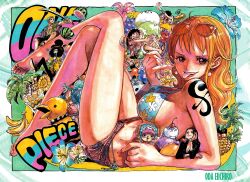  antlers bare_legs barefoot bikini bikini_under_shorts breasts brook_(one_piece) crossed_legs eyewear_on_head food franky_(one_piece) fruit hat highres horns ice_cream jinbe_(one_piece) large_breasts micro_shorts monkey_d._luffy nami_(one_piece) nico_robin non-web_source oda_eiichirou official_art one_piece orange_hair roronoa_zoro sanji_(one_piece) shorts shoulder_tattoo side-tie_bikini_bottom swimsuit tattoo thighs tongue tongue_out tony_tony_chopper usopp 