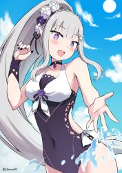  :o arm_up bare_shoulders black_nails black_ribbon blue_sky blush braid breasts cloud covered_navel cowboy_shot crown_braid elf emilia_(re:zero) female flower gem hair_flower hair_ornament hair_ribbon long_hair looking_at_viewer medium_breasts official_alternate_costume official_alternate_hairstyle one-piece_swimsuit open_mouth pointy_ears ponytail purple_eyes re:zero_kara_hajimeru_isekai_seikatsu ribbon rose s_(hdru2332) sky smile solo splashing sun swimsuit thighs twitter_username water white_flower white_hair white_rose x_hair_ornament 