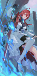  absurdres ahoge akirahong_1130 blue_fire blue_hair breasts colored_inner_hair dress elizabeth_rose_bloodflame female fire greatsword highres hololive hololive_english huge_ahoge long_hair multicolored_hair open_mouth red_eyes red_hair smile solo sword thorn_(elizabeth_rose_bloodflame) very_long_hair virtual_youtuber weapon white_dress 