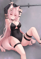  animal_ear_fluff animal_ears arknights armpits arms_up artist_name black_gloves black_leotard braid breasts commentary_request covered_navel crossed_bangs cuffs elbow_gloves female fingerless_gloves gloves hair_between_eyes hair_intakes handcuffs highres knee_up large_breasts leotard long_hair looking_at_viewer pink_eyes pozyomka_(arknights) single_braid single_fingerless_glove solo tail thigh_strap thighs wolf_ears wolf_girl wolf_tail yeosi 