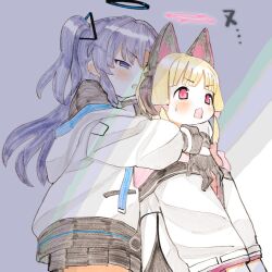  2girls :3 animal_ear_headphones animal_ears black_gloves black_skirt blonde_hair blue_archive blunt_bangs blush bow cat_ear_headphones coat cowboy_shot fake_animal_ears gloves hairbow halo headphones hug hug_from_behind long_hair long_sleeves looking_ahead looking_at_another momoi_(blue_archive) multiple_girls multiple_hair_bows off_shoulder open_mouth pink_bow pink_eyes pleated_skirt purple_eyes purple_hair shinbashi_seiji skirt small_sweatdrop translation_request v-shaped_eyebrows white_coat yuri yuuka_(blue_archive) 