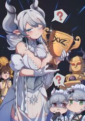  1other 4girls ? absurdres arianna_the_labrynth_servant arianne_the_labrynth_servant bare_shoulders black_background breasts c_civciv cleavage commentary demon_girl demon_horns dress drill_hair duel_monster earrings english_commentary gloves grey_eyes grey_hair highres holding holding_trophy horns horus imsety_glory_of_horus jewelry large_breasts leotard long_hair lovely_labrynth_of_the_silver_castle multiple_girls ohime_the_manifested_mikanko one_eye_closed pointy_ears see-through speech_bubble spoken_question_mark thighhighs trophy twin_drills white_dress white_gloves white_leotard white_thighhighs yu-gi-oh! yu-gi-oh!_master_duel 