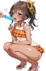  bikini blue_eyes blush brown_hair collarbone female flower food frilled_bikini frills hair_flower hair_ornament highres hololive natsuiro_matsuri natsuiro_matsuri_(hololive_summer_2019) official_alternate_costume one-piece_tan popsicle sakanaya_(sakanaya952) sandals sexually_suggestive side_ponytail simple_background solo_focus squatting sunflower sunflower_hair_ornament swimsuit tan tanlines thighs tongue tongue_out virtual_youtuber white_background 