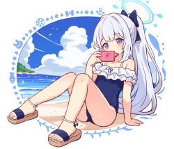  anklet arm_support ass bare_shoulders beach blue_archive blue_eyes blue_one-piece_swimsuit blue_ribbon blue_sky cellphone cloud collarbone commentary covering_own_mouth feet female frilled_one-piece_swimsuit frills grey_hair hair_ribbon halo head_tilt holding holding_phone island jewelry knees_up long_hair looking_at_viewer miyako_(blue_archive) miyako_(swimsuit)_(blue_archive) ocean official_alternate_costume one-piece_swimsuit onyhakase phone ponytail ribbon sand sandals sky smartphone solo swimsuit thighs toes very_long_hair water 