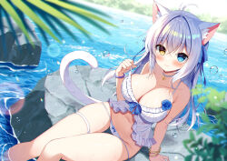  aina_rive animal_ear_fluff animal_ears antenna_hair arm_support babydoll blue_bow blue_eyes blue_flower blue_rose blush bow breasts cat_ears cat_girl cat_tail cleavage collarbone commentary_request female flower frilled_babydoll grey_hair hair_intakes hair_ribbon heterochromia large_breasts lens_flare looking_at_viewer mauve navel original palm_leaf ribbon rock rose sitting sitting_on_rock solo tail thigh_strap thighs water_drop white_babydoll yellow_eyes 