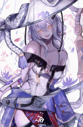  :d absurdres arm_guards armor armored_bodysuit bare_shoulders bodysuit branch breasts brown_bodysuit cherry_blossoms cleavage cloak clothing_cutout drooling drunk female goddess_of_victory:_nikke grey_bodysuit grey_hair hair_between_eyes hat head-mounted_display highres holding japanese_armor jingasa large_hat leg_cutout leotard long_hair looking_at_viewer medium_breasts mouth_drool open_mouth petals scarlet_(nikke) shiny_eyes smile solo sword teeth tree upper_body upper_teeth_only weapon white_cloak white_leotard wide_brim wrist_guards yellow_eyes yoshimura_feat.yoshimura 