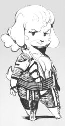  animal_crossing anthro biker_jacket blush_marks boots canid clothed clothing collared_jacket female glare isabelle_(animal_crossing) looking_at_viewer mammal monochrome nintendo shadow simple_background solo standing sunibee 