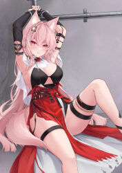  animal_ear_fluff animal_ears arknights armpits arms_up artist_name black_gloves black_leotard braid breasts capelet commentary_request crossed_bangs cuffs elbow_gloves female fingerless_gloves flower gloves hair_between_eyes hair_intakes handcuffs highres knee_up large_breasts leotard long_hair looking_at_viewer pelvic_curtain pink_eyes pozyomka_(arknights) red_flower red_rose red_skirt rose single_braid single_fingerless_glove skirt solo tail thigh_strap thighs white_capelet wolf_ears wolf_girl wolf_tail yeosi 