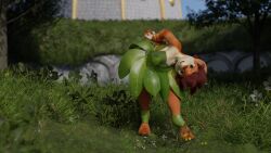  3d_(artwork) activision anthro blender_(artwork) brown_body brown_hair clothed clothing digital_media_(artwork) doublestuffed elora female fur grass green_eyes hair hi_res leaf leaf_clothing looking_at_viewer outside plant smile smiling_at_viewer solo spyro_the_dragon strapless_clothing 