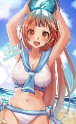  anniversary armpits arms_up ball bare_shoulders beach beachball bikini blue_neckerchief blue_sailor_collar blue_sky blush breasts brown_eyes brown_hair cleavage collarbone cowboy_shot day female highres holding holding_ball holding_beachball idolmaster idolmaster_cinderella_girls idolmaster_cinderella_girls_starlight_stage long_hair looking_at_viewer medium_breasts navel neckerchief ocean open_mouth outdoors ponytail sailor_collar sailor_swimsuit_(idolmaster) side-tie_bikini_bottom signature sky smile solo sparkle standing swimsuit usotsuki_manjuu very_long_hair wakabayashi_tomoka water_drop wet white_bikini 