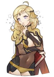  absurdres ahoge blonde_hair book circlet covered_navel female finger_to_mouth fire_emblem fire_emblem_fates hand_up highres holding holding_book long_hair ophelia_(fire_emblem) purple_eyes silvercandy_gum simple_background solo standing star_(symbol) white_background 