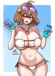  :d ahoge anis_(nikke) anis_(sparkling_summer)_(nikke) bikini blush border breasts brown_hair can cleavage cowboy_shot drink_can eyepatch_bikini eyewear_on_head female goddess_of_victory:_nikke highres jewelry large_breasts navel official_alternate_costume pendant pink-tinted_eyewear rotomdocs short_hair side-tie_bikini_bottom smile soda_can solo sunglasses swimsuit tinted_eyewear white_bikini white_border yellow_eyes 