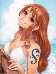  arm_tattoo blue_sky bracelet breasts brown_eyes brown_hair cleavage cloud day dress female grin highres jewelry large_breasts long_hair nami_(one_piece) omar_dogan one_piece outdoors simple_bird sky smile solo tattoo teeth white_dress 