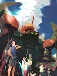  2girls 3boys absurdres bike_shorts blue_eyes brothers brown_hair cleaning darilbalde day felsi_rollo guel_jeturk gundam gundam_suisei_no_majo gym_shirt gym_uniform highres holding holding_hose hose kamil_kaysink lauda_neill long_hair mecha multiple_boys multiple_girls oekaki_rensyu_0 outdoors petra_itta pink_hair robot shirt siblings skirt washing_vehicle 