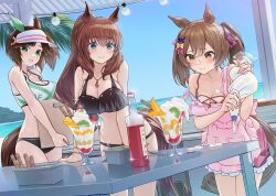  3girls absurdres animal_ears apron bikini black_bikini blue_eyes bottle breasts brown_eyes brown_hair cleavage food food_on_face green_eyes highres holding_pastry_bag horse_ears horse_girl horse_tail ines_fujin_(umamusume) maruzensky_(blasting_off_summer_night)_(umamusume) maruzensky_(umamusume) medium_breasts mismatched_bikini multiple_girls nabe_puyo official_alternate_costume parfait pastry_bag pink_apron sakura_chiyono_o_(umamusume) side_ponytail sports_bikini strap_slip string_of_light_bulbs swimsuit table tail twintails umamusume visor_cap whipped_cream 