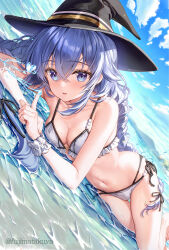  beach bikini blue_eyes blue_hair blue_sky braid breasts cleavage cloud day female frilled_bikini frills fujima_takuya hair_between_eyes hat highres index_finger_raised long_hair looking_at_viewer lying medium_breasts mushoku_tensei navel ocean on_side outdoors roxy_migurdia sand side-tie_bikini_bottom sky solo stomach swimsuit twin_braids water white_bikini witch_hat 