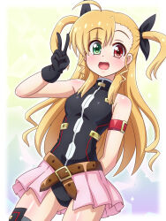  alternate_costume bare_shoulders black_gloves black_leotard blonde_hair blush cosplay fate_testarossa fate_testarossa_(cosplay) female gloves hair_ribbon heterochromia highres leotard long_hair looking_at_viewer lyrical_nanoha magical_girl mahou_shoujo_lyrical_nanoha_strikers mahou_shoujo_lyrical_nanoha_vivid open_mouth ribbon smile solo v vivio yosuzu 