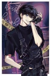  1boy biting black_hair black_pants black_shirt blue_eyes border caution_tape chains character_name commentary_request fingerless_gloves glove_biting gloves hand_in_pocket joypyonn kuroba_kaito looking_at_viewer magic_kaito male_focus meitantei_conan mixed-language_commentary pants shirt short_hair short_sleeves solo techwear teeth twitter_username white_border 