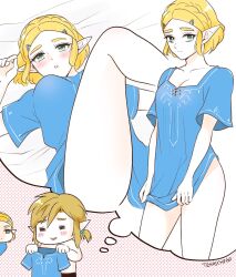  1boy =_= artist_name blonde_hair blue_shirt blush braid breasts champion&#039;s_tunic_(zelda) cleavage collarbone commentary convenient_censoring crown_braid dithered_background female green_eyes hair_ornament hairclip highres imagining jitome link looking_at_another looking_at_viewer lying medium_hair multiple_views no_pants on_back pointy_ears princess_zelda shirt short_hair short_ponytail sidelocks teraichigo the_legend_of_zelda the_legend_of_zelda:_tears_of_the_kingdom topless_male 