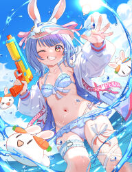  animal_ear_fluff animal_ears bikini blue_bikini blue_hair blue_sky blunt_bangs blush breasts bridal_garter character_name cloud commentary_request dongchuan extra_ears female frilled_bikini frills front-tie_bikini_top front-tie_top grin hair_ribbon halterneck highleg highleg_bikini highres hikimayu holding holding_water_gun hololive jacket looking_at_viewer navel ocean off_shoulder official_alternate_costume official_alternate_hairstyle one_eye_closed open_clothes open_jacket outdoors pekomon_(usada_pekora) pink_ribbon rabbit-shaped_pupils rabbit_ears rabbit_girl ribbon short_eyebrows short_hair side-tie_bikini_bottom sky small_breasts smile solo splashing standing stomach swimsuit symbol-shaped_pupils thick_eyebrows thigh_strap usada_pekora usada_pekora_(summer) virtual_youtuber visor_cap water_gun wet white_bikini white_jacket 