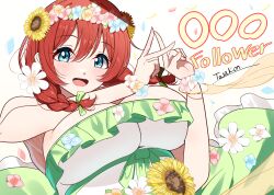  :d absurdres artist_name blue_eyes braid breasts brown_hair cleavage commentary_request confetti dress emma_verde female flower frilled_dress frills hair_between_eyes hair_flower hair_ornament head_wreath highres huge_breasts long_hair looking_at_viewer love_live! love_live!_nijigasaki_high_school_idol_club low_twin_braids medium_hair milestone_celebration open_mouth signature simple_background smile solo split_mouth strapless strapless_dress sunflower tarakon teeth twin_braids upper_body upper_teeth_only white_background white_dress 