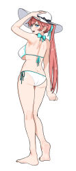  arm_up armpits ass back bare_arms bare_legs bare_shoulders barefoot bikini blue_eyes breasts chilakkk commentary dimples_of_venus female from_behind full_body hand_on_headwear hat highres kneepits large_breasts long_hair looking_at_viewer looking_back open_mouth original ponytail red_eyes side-tie_bikini_bottom simple_background soles solo sun_hat swimsuit very_long_hair white_background white_bikini white_hat 